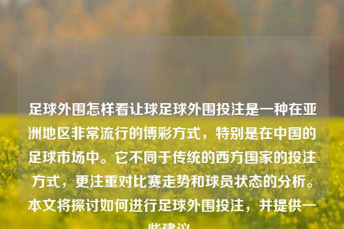 足球外围怎样看让球足球外围投注是一种在亚洲地区非常流行的博彩方式，特别是在中国的足球市场中。它不同于传统的西方国家的投注方式，更注重对比赛走势和球员状态的分析。本文将探讨如何进行足球外围投注，并提供一些建议。