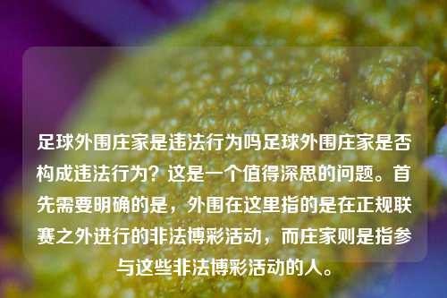 足球外围庄家是违法行为吗足球外围庄家是否构成违法行为？这是一个值得深思的问题。首先需要明确的是，外围在这里指的是在正规联赛之外进行的非法博彩活动，而庄家则是指参与这些非法博彩活动的人。