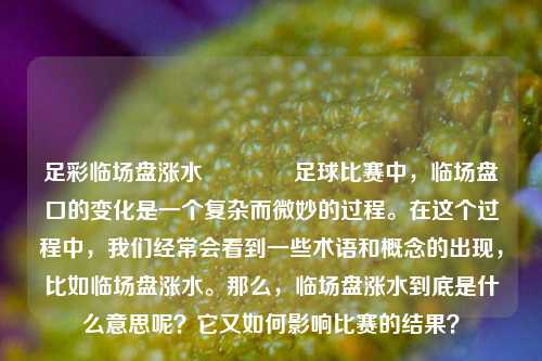 足彩临场盘涨水🥇足球比赛中，临场盘口的变化是一个复杂而微妙的过程。在这个过程中，我们经常会看到一些术语和概念的出现，比如临场盘涨水。那么，临场盘涨水到底是什么意思呢？它又如何影响比赛的结果？