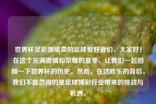 世界杯足彩哪里卖的足球爱好者们，大家好！在这个充满激情和荣耀的夏季，让我们一起回顾一下世界杯的历史。然而，在这欢乐的背后，我们不能忽视的是足球博彩行业带来的挑战与机遇。