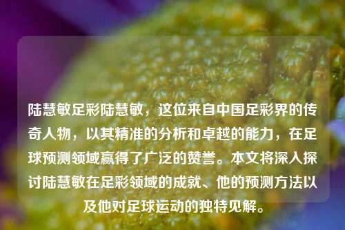 陆慧敏足彩陆慧敏，这位来自中国足彩界的传奇人物，以其精准的分析和卓越的能力，在足球预测领域赢得了广泛的赞誉。本文将深入探讨陆慧敏在足彩领域的成就、他的预测方法以及他对足球运动的独特见解。