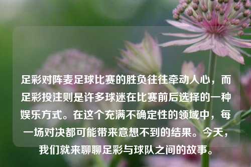 足彩对阵麦足球比赛的胜负往往牵动人心,而足彩投注则是许多球迷在比赛前后选择的一种娱乐方式。在这个充满不确定性的领域中,每一场对决都可能带来意想不到的结果。今天,我们就来聊聊足彩与球队之间的故事。