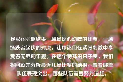 足彩16093期结果一场场惊心动魄的比赛，一场场跌宕起伏的对决，让球迷们在紧张刺激中享受着无尽的乐趣。在这个特殊的日子里，我们将回顾并分析最近几场比赛的结果，看看哪些队伍表现突出，哪些队伍需要努力追赶。