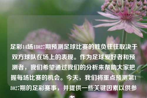 足彩14场18027期预测足球比赛的胜负往往取决于双方球队在场上的表现。作为足球爱好者和预测者，我们希望通过我们的分析来帮助大家把握每场比赛的机会。今天，我们将重点预测第18027期的足彩赛事，并提供一些关键因素以供参考。